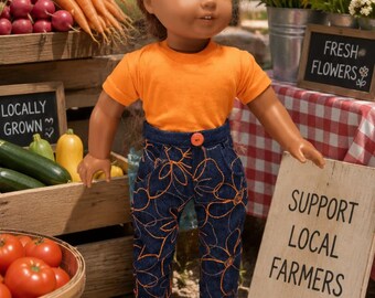 18 Inch Doll outfit, straight leg orange flower embroidered jeans and tee shirt by Project Funway on Etsy