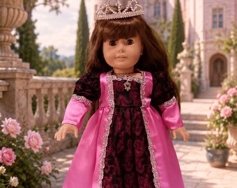 18 inch doll princess dress pink with black and pink brocade inset with silver tiara, by Project Funway on Etsy