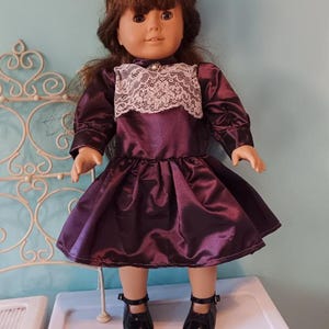 18 Inch historic Doll drop-waist Samantha historic purple party dress in moiré fabric  by Project Funway on Etsy.