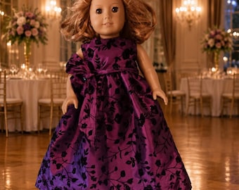 Fancy long gown in beautiful magenta with black flocked flowers for popular 18 inch Dolls, made  by Project Funway on Etsy