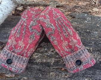 Sweater Mittens, Brown and Red Damask pattern, Women's Mittens Recycled from Sweaters, Upcycled Gifts for Her,  Minnesota Made, great gift