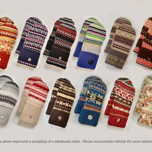 May include: A collection of 12 pairs of colorful knitted mittens with various patterns. Each pair has a button on the cuff.
