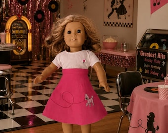 18 Inch Homemade doll 50's style pink poodle poodle skirt and top, sock hop, gift for doll lover,  by Project Funway on Etsy