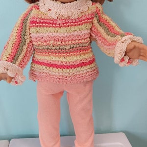 18 Inch Doll outfit, Sweater tunic in coral, yellow and orange strips with light coral leggings , by Project Funway on Etsy image 2