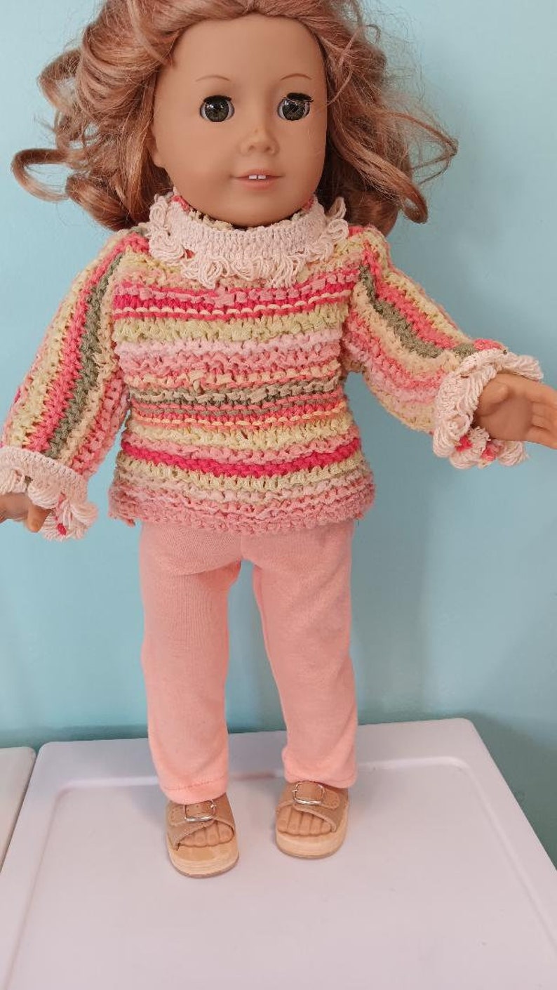 18 Inch Doll outfit, Sweater tunic in coral, yellow and orange strips with light coral leggings , by Project Funway on Etsy image 2