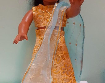 18 Inch Doll Indian Dress,  Lehenga, Sari, 3 piece outfit in  regal gold with brocade shawl and head jewerly by Project Funway on Etsy