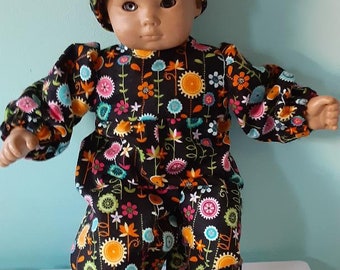 Bitty Baby Doll, black with colorful flowers flannel footed sleeper or pajamas, 15 or 16 inch doll by Project Funway on Etsy