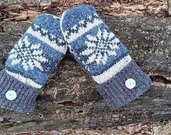 Warm Sweater Mittens, White, blue and gray Nordic, Unique Women's Mittens Recycled from Sweaters | Upcycled Gifts for Her | Minnesota Made