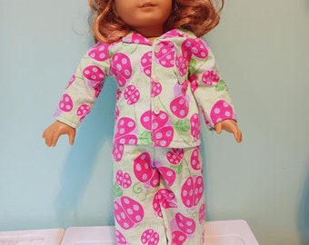 18 inch doll 2 piece flannel pajamas, so cute, Pink ladybugs on light green by Project Funway on Etsy