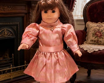 18 Inch historic Doll drop-waist Samantha historic party dress in salmon color satin plaid by Project Funway on Etsy.