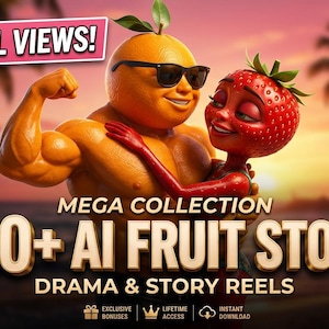 Op de afbeelding: Een gespierd sinaasappelpersonage met een zwarte zonnebril omhelst een aardbeipersonage. De tekst luidt: GET VIRAL VIEWS! MEGA COLLECTION 1500+ AI FRUIT STORIES DRAMA & STORY REELS. Bevat iconen voor exclusieve bonussen, levenslange toegang en directe download.
