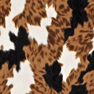 May include: A seamless pattern featuring a realistic cowhide texture with a tri-color design. The surface displays irregular patches of white, deep black, and various shades of brown fur, creating a dense and layered appearance throughout the image.