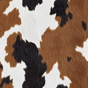 May include: A seamless pattern featuring a tri-color cowhide texture with irregular patches of white, dark brown, and black fur. The surface displays a realistic, dense hair-like appearance with varying directional growth patterns across the hide.