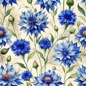May include: A seamless pattern featuring vibrant blue cornflowers in various stages of bloom, including fully opened blossoms and small green buds, set against a textured cream-colored background with slender green stems and pointed leaves.