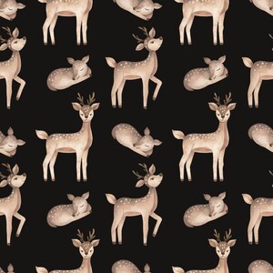 May include: A repeating pattern on a black background featuring watercolor-style illustrations of light brown deer. The design includes alternating figures of standing deer with small antlers and sleeping deer, all with white spots on their backs.