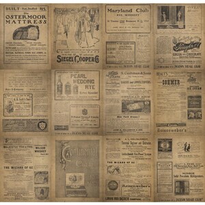 May include: A collage of vintage newspaper advertisements printed on a tan, aged-paper background. The grid features various black-ink text and illustrations for products like Ostermoor Mattresses, Pearl Wedding Rye, and various historical businesses.