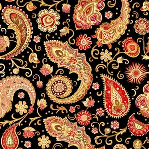 May include: A seamless textile pattern featuring intricate paisley motifs and stylized floral elements in shades of gold, cream, and deep red set against a solid black background. The design includes swirling vines and ornate teardrop shapes.