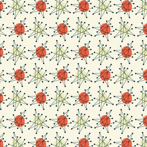May include: A repeating pattern on a cream background featuring orange circles overlaid with dark green starburst shapes. Each starburst consists of thin intersecting lines with small dots at the ends, creating a geometric atomic-inspired design.