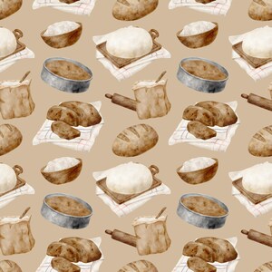 May include: A repeating pattern on a light brown background featuring watercolor illustrations of baking elements including round loaves of bread, bowls of flour, metal baking pans, wooden rolling pins, and sliced bread on checkered napkins.