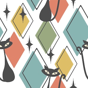 May include: A repeating pattern featuring stylized black cats with almond-shaped eyes, interspersed with colorful diamonds in shades of teal, mustard yellow, and coral, accented by small black four-pointed starburst shapes on a white background.