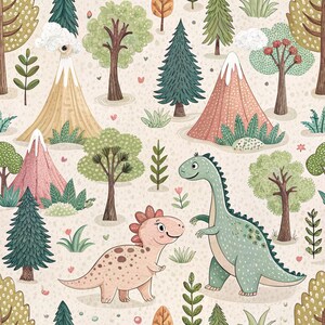 May include: A seamless pattern featuring a light beige background with illustrations of two dinosaurs, one pink with spots and one green with scales, surrounded by various trees, shrubs, and pointed mountains with snow-capped peaks.