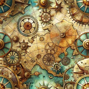 May include: A seamless pattern featuring antique-style navigational compasses, brass gears, and intricate clockwork mechanisms layered over a weathered, sepia-toned parchment map with faded blue ocean sections and detailed grid lines.