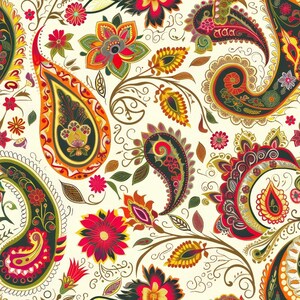 May include: A seamless textile pattern featuring a cream background with intricate paisley teardrop shapes and stylized floral motifs in vibrant shades of red, orange, yellow, green, and dark charcoal. The design includes swirling vines.