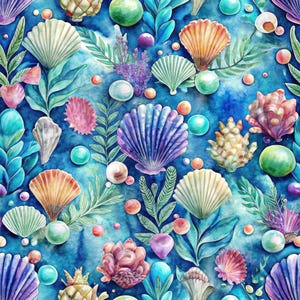 May include: A seamless pattern featuring a variety of seashells, including fan-shaped, spiral, and textured shells in shades of purple, orange, pink, and white, interspersed with green seaweed fronds and scattered colorful pearls on a blue background.