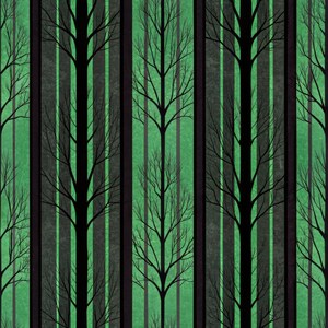 May include: A repeating pattern featuring vertical stripes in shades of dark charcoal and vibrant green. The design incorporates silhouettes of bare, leafless trees with intricate branches centered within the green vertical bands.