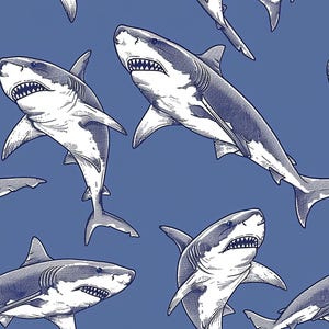 May include: A repeating pattern featuring white and dark blue illustrations of great white sharks on a solid medium blue background. Each shark is depicted with an open mouth showing sharp teeth, detailed fins, and a stippled texture effect.