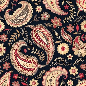 May include: A seamless textile pattern featuring large paisley motifs in cream, dark brown, and deep red on a dark navy background. The design includes small stylized flowers, delicate swirling vines, and thin leaves scattered throughout the print.