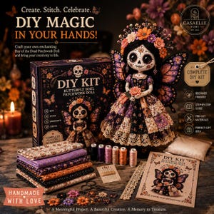 May include: A DIY kit for a Butterfly Soul Patchwork Doll featuring a finished doll with black hair, floral crown, and wings, alongside fabric stacks, thread spools, needles, scissors, and an instruction booklet. The box displays the text DIY KIT.