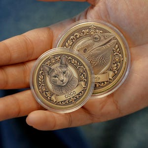 May include: Two circular gold-toned metal medallions encased in clear protective plastic capsules. One medallion features an engraved cat portrait with the name COCO, while the larger medallion displays a bearded dragon portrait.