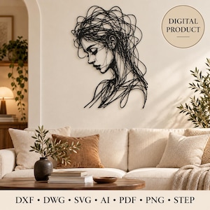 May include: A black line art wall hanging featuring a stylized portrait of a person with messy hair, shown in profile. The design is a digital product file including DXF, DWG, SVG, AI, PDF, PNG, and STEP formats for laser cutting or CNC projects.