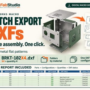 Könnte beinhalten: Eine digitale Produktanzeige für ein SolidWorks-Makro, das DXF-Dateien aus Blechbaugruppen stapelweise exportiert. Die Grafik zeigt eine zerlegte Metallbox, Abwicklungszeichnungen und eine Excel-Berichtstabelle mit Details zu Teilen, Mengen und Exportstatus.
