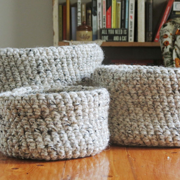 Crochet Baskets, Handmade Baskets, Chunky Crochet Baskets  in Oatmeal Tweed- Set of 3