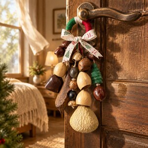 May include: A decorative door hanger featuring a ring wrapped in red, white, and green yarn, adorned with a white ribbon printed with green trees and red text. It includes various hanging wooden and metal bells, beads, and a small green tree ornament.