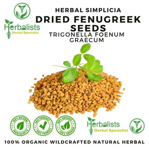 Pode incluir: Um monte de sementes de feno-grego secas de cor castanho-dourada, cobertas por um pequeno ramo verde. O texto diz: HERBAL SIMPLICIA DRIED FENUGREEK SEEDS TRIGONELLA FOENUM GRAECUM, Herbalists Herbal Specialist, 100% NATURAL INGREDIENTS, SAFE PRODUCT, 100% ORGANIC, 100% ORGANIC WILDCRAFTED NATURAL HERBAL.