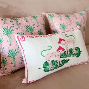 Pink Pagoda Monkey, lumbar pillow cover, Chinoiserie Monkey, pink and green monkeys