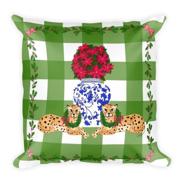 Christmas Chinoiserie Cheetahs, Green Gingham Pillow