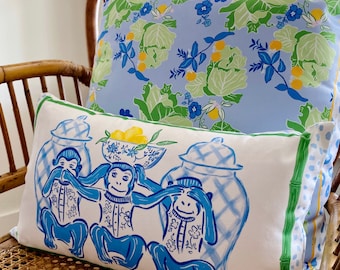 Three Wise Monkeys, Lumbar, Chinoiserie Chic pillow