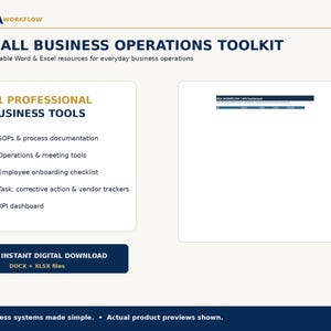 Op de afbeelding: Een digitale toolkit genaamd AKA Workflow Small Business Operations Toolkit met 11 bewerkbare Word- en Excel-bronnen. De afbeelding bevat een lijst met tools, waaronder SOP's, vergadertools, onboarding-checklists, trackers en een KPI-dashboard.