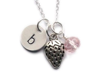 Strawberry Charm Necklace | dainty fruit jewelry, sterling silver, vegan, vegetarian, initial, personalized
