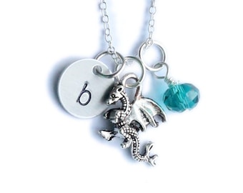 Dragon Charm Necklace | dainty fantasy jewelry, sterling silver, fairy tale, initial, personalized
