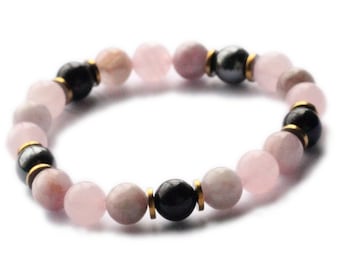 HEALING LOVE | Kunzite, Rose Quartz, Black Tourmaline & Gold Hematite | Empath Gemstone Crystal Protection Bracelet