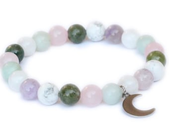YOGA & MEDITATION | Mindfulness, Moon, Lunar, Empath Protection Healing Bracelet, Kunzite, Rose Quartz, Amazonite, Howlite, Moonstone, Jade
