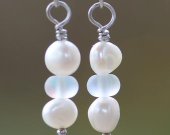 Freshwater Pearl and Mermaid Glass Earrings | Frosted Mystic Aura Quartz Glass Beads Ocean Sea Cruise Beach Coastal Jewelry