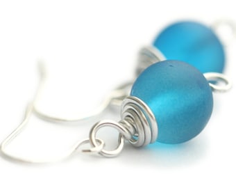 Sea Glass Earrings | Wire Wrapped Frosted 10mm Ocean Sea Cruise Beach Coastal Jewelry
