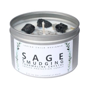 Empath Energy Clearing Candle, Smudging, Clear Negative Energy, Sage with Black Tourmaline Crystals