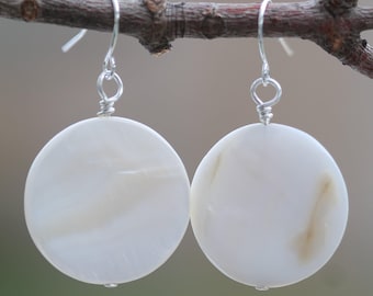 White Natural Shell Earrings | 25mm shell drop earrings, freshwater natural shells, white brown and cream